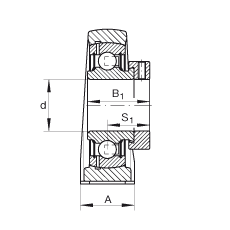 直立式軸承座單元 PAK45, 鑄鐵軸承座，外球面球軸承，根據(jù) ABMA 15 - 1991, ABMA 14 - 1991, ISO3228 帶有偏心緊定環(huán)