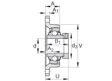 軸承座單元 RCJT1-1/4-206, 對角法蘭軸承座單元，鑄鐵，根據(jù) ABMA 15 - 1991, ABMA 14 - 1991, ISO3228 帶有偏心緊定環(huán)，R型密封，英制